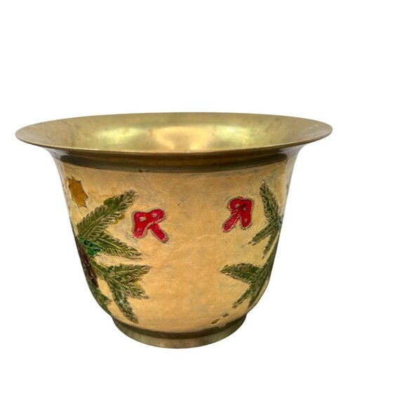 Vintage Brass Cloisonne Painted Christmas Bowl Wreath Candle Holly - Picture 2 of 11